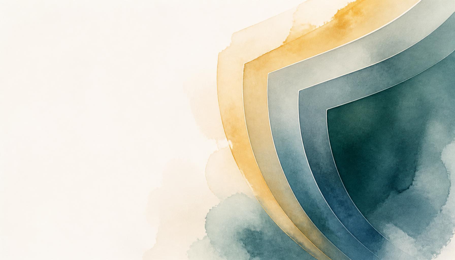 Abstract layered watercolor shield curves in teal, slate blue, and amber