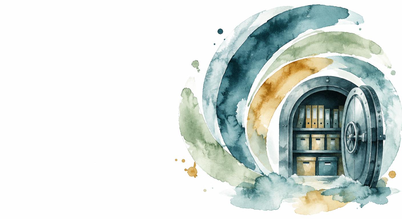 Abstract watercolor brush strokes in teal, slate blue, sage, and ochre suggesting protected storage