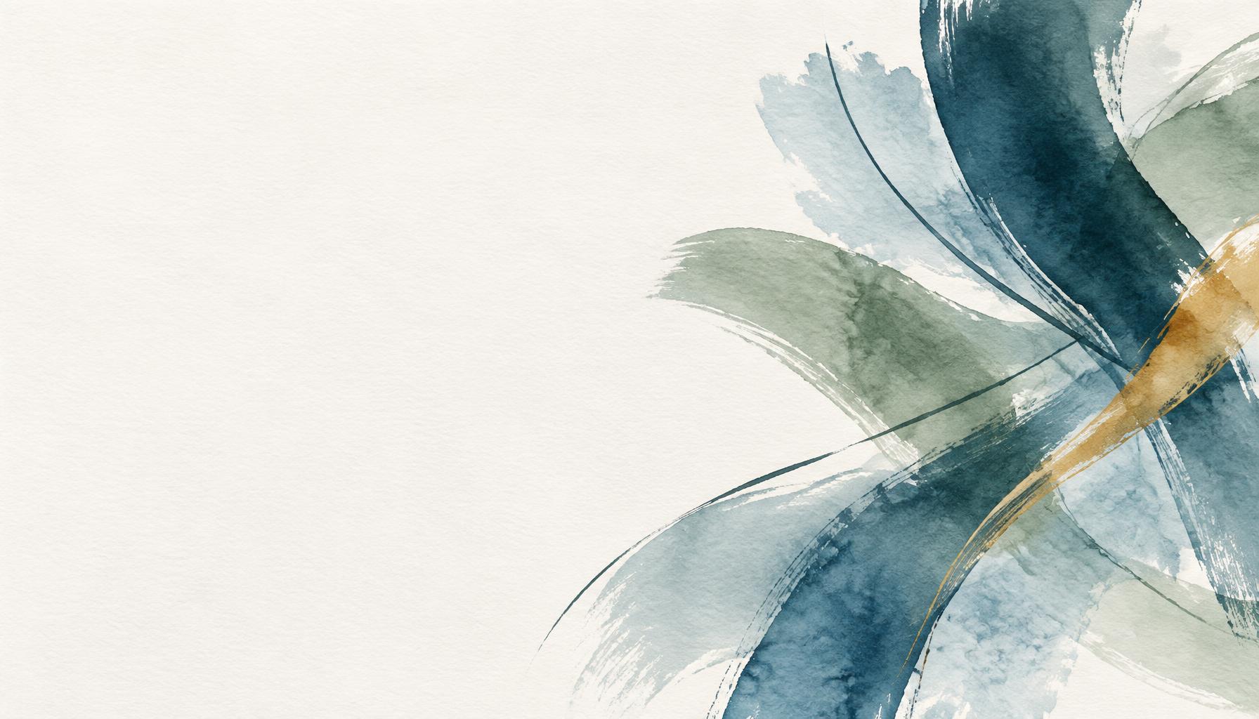 Abstract watercolor brush strokes in teal, slate blue, sage, and ochre