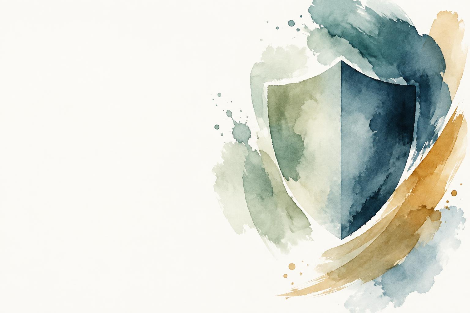Abstract watercolor brush strokes in teal, slate blue, sage, and ochre suggesting a shield