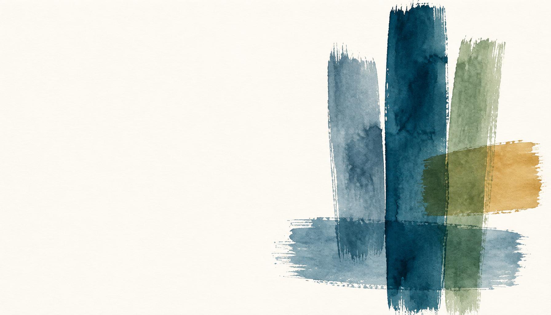 Abstract watercolor brush strokes in teal, slate blue, sage, and ochre